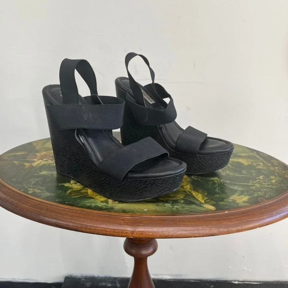 Steve Madden Black Stina Wedge Sandals - Chunky Y2K Platform Slides - Size 8M